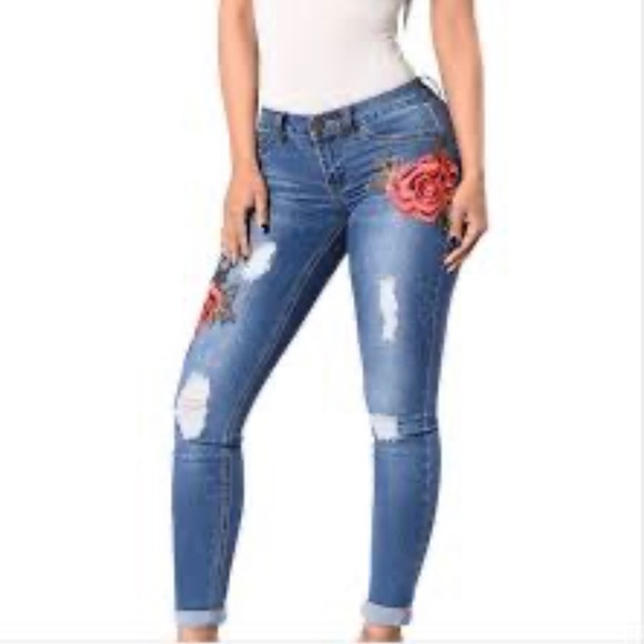 JJWomens High Waist Embroidered Rose Destroyed Denim Skinny Jeans Pocket Size XL - Picture 1 of 7